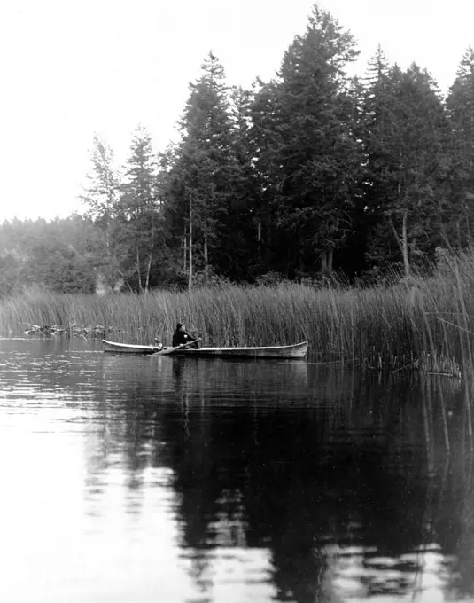 Edward S. Curtis Native American Indians - Quamichan woman paddles canoe near rushes at river's edge ca. 1910. 