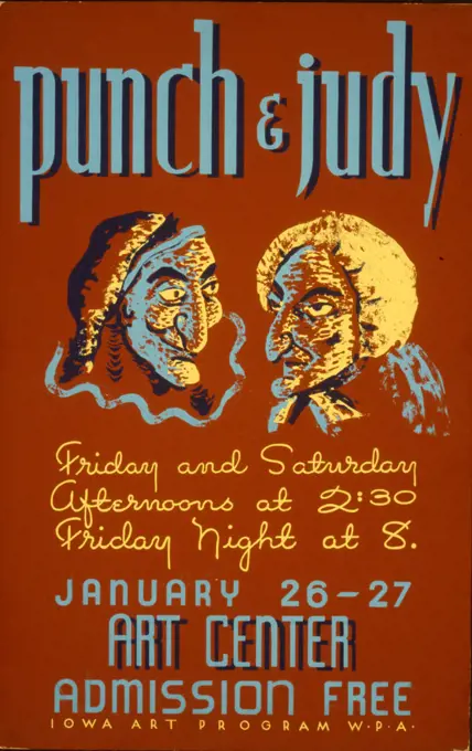 Poster for presentation of 'Punch & Judy' at the Sioux City() Art Center, showing bust illustrations of the two characters. 