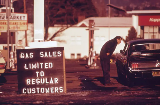 During the Fuel Crisis before Gasoline Sales Were Regulated by the State a Dealer in Tigard, Pumped Gas Only to His Regular Customers. The Driver in This Picture Was Refused Service 01/1974. 