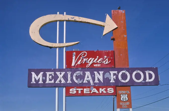 2000s America -  Virgie's Mexican Food sign, Grants, New Mexico 2003. 