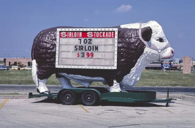 1980s America -  Sirloin Stockade bull, Austin, Texas 1983. 