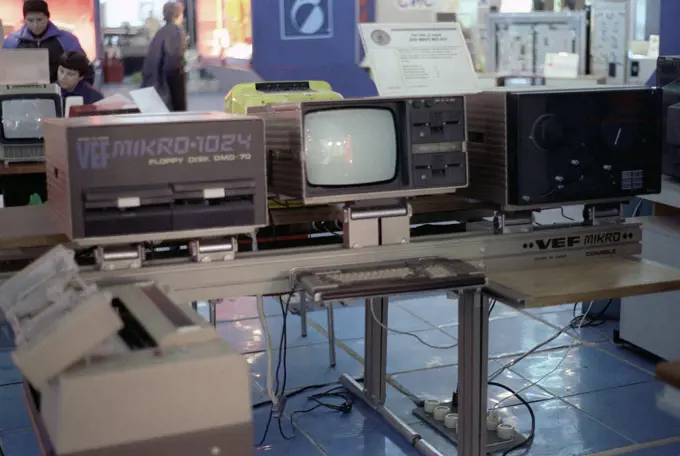 A view of a modern computer disk drive on display at one of the pavilions at the Exhibition of Soviet National Economic Achievement.. 