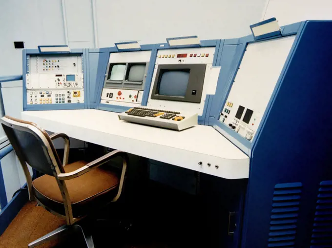 A computer control console at the Boeing Company laboratory.  The computer is used for flight control simulation and integration tests during a KC-135 Stratotanker aircraft undergoing a ground vibration test during a re-engine program.. 