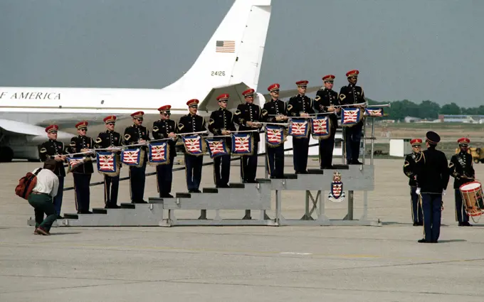 1980 - The U.S. Army Band members, with Herald Trumpets, waits to render honor to Vice President Hosni Mubarak as he leaves the United States.. 