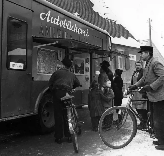 Mobile library from Amerika Haus somewhere in Europe after World War II (1950s)