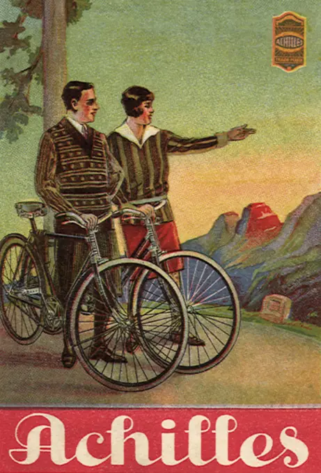 Man and Woman with Bicycles. 