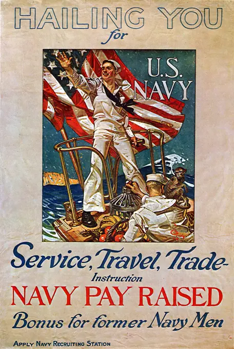 Sailor on boat with monkey and fruit for US Navy Poster. 