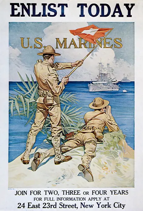 Two marines on coast signal battleship with flag. 