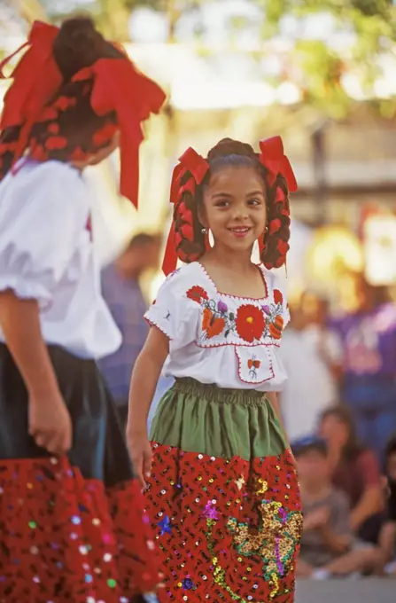 young girls prepare to dance, Ballet Folklorico, Cinco de Mayo Fiesta, La Mesilla, New Mexico