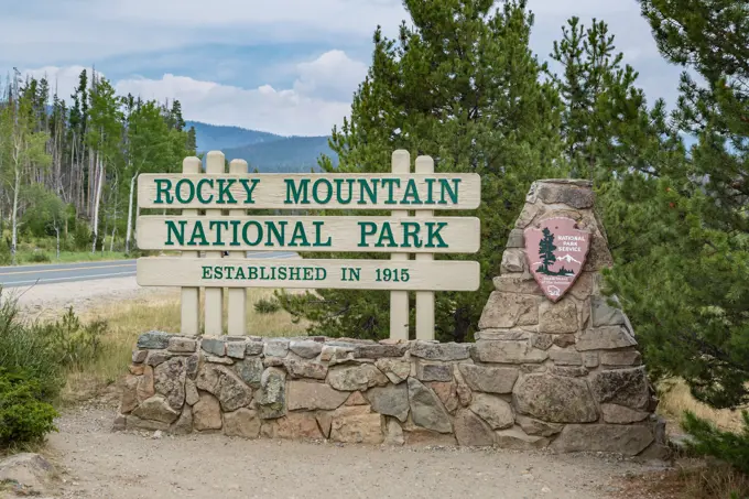 Sign near entrance to Rocky Mountain National Park in Colorado.