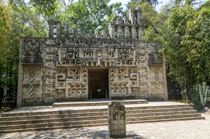 Reproduction facade of Hochob temple, Chenes culture architecture, National Museum of Anthropology, Mexico City, Mexico.