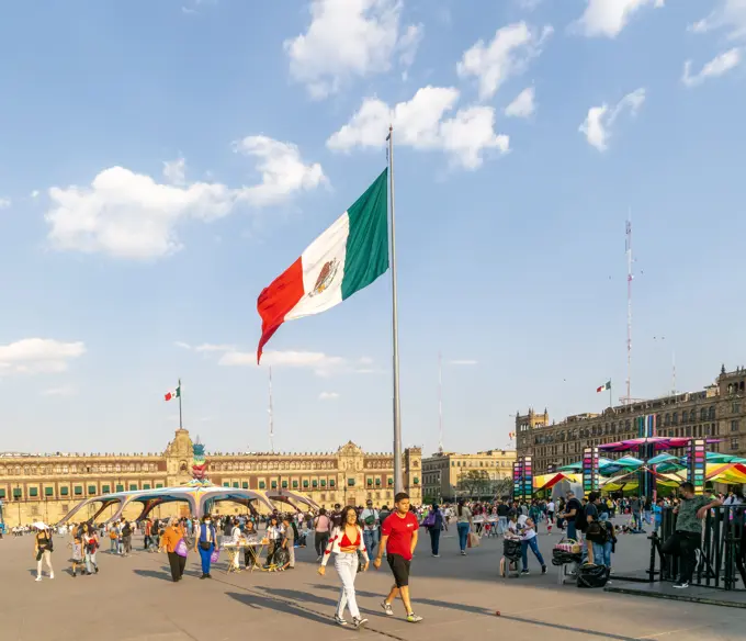 Afternoon flag lowering ceremony, Zocalo, Plaza de la Constitucion, Centro Historico Mexico City, Mexico.