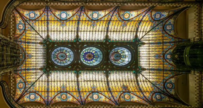 Stained glass Tiffany ceiling designed by Jacques Gruber, Gran Hotel Ciudad de Mexico, Mexico City, Mexico.