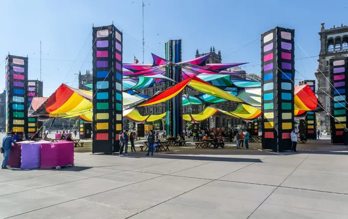 Event space in main city square, Plaza de la Constitucion, Monte de Piedad, Mexico City, Mexico.