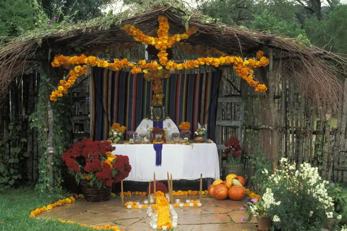 New Mexico, Chimayo, Day Of The Dead Altar, Orange Flowers Made Into Cross, Gourds, Shrine