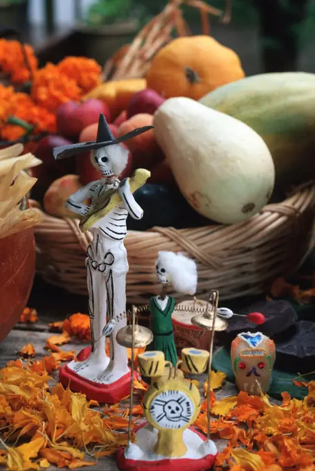 New Mexico, Chimayo - Day Of The Dead Skeletons, Gourdes And Flowers