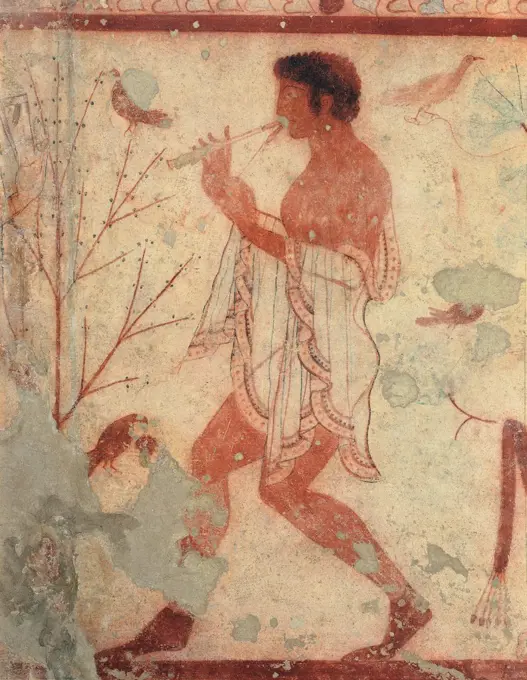 Flute player at a sinposio from the Tomb of the Triclinium, 5th Century, encaustic painting,