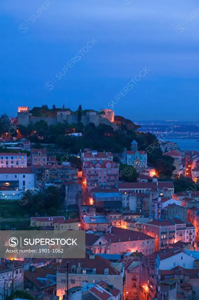Lisbon Panorama including Sao Jorge castle from Miradouro da Nossa Senhora do Monte Baixa Portugal
