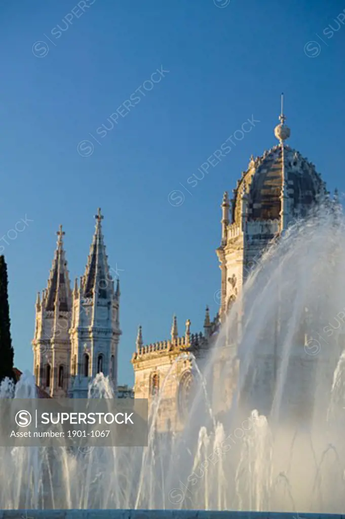 Fountains at Praca do Imperio park  Mosteiro dos Jeronimos  Monastery Belem Lisbon Portugal