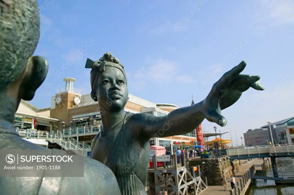 bronze statues in Cardiff Bay  Cardiff  Wales