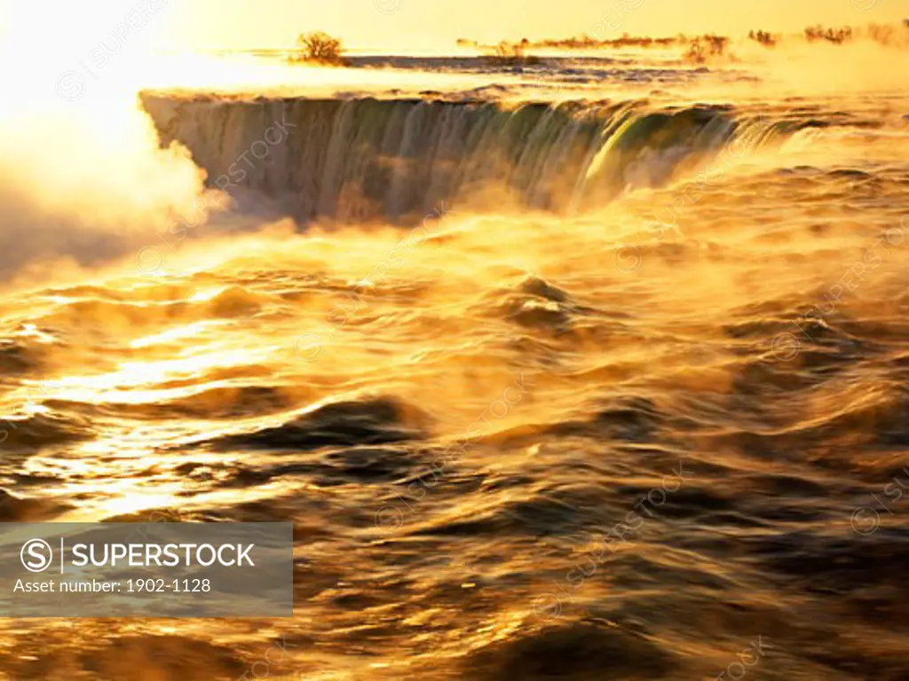 Canada Ontario Niagara Falls sunrise at Niagara Falls also known as the Canadian Falls and Horseshoe Falls in winter