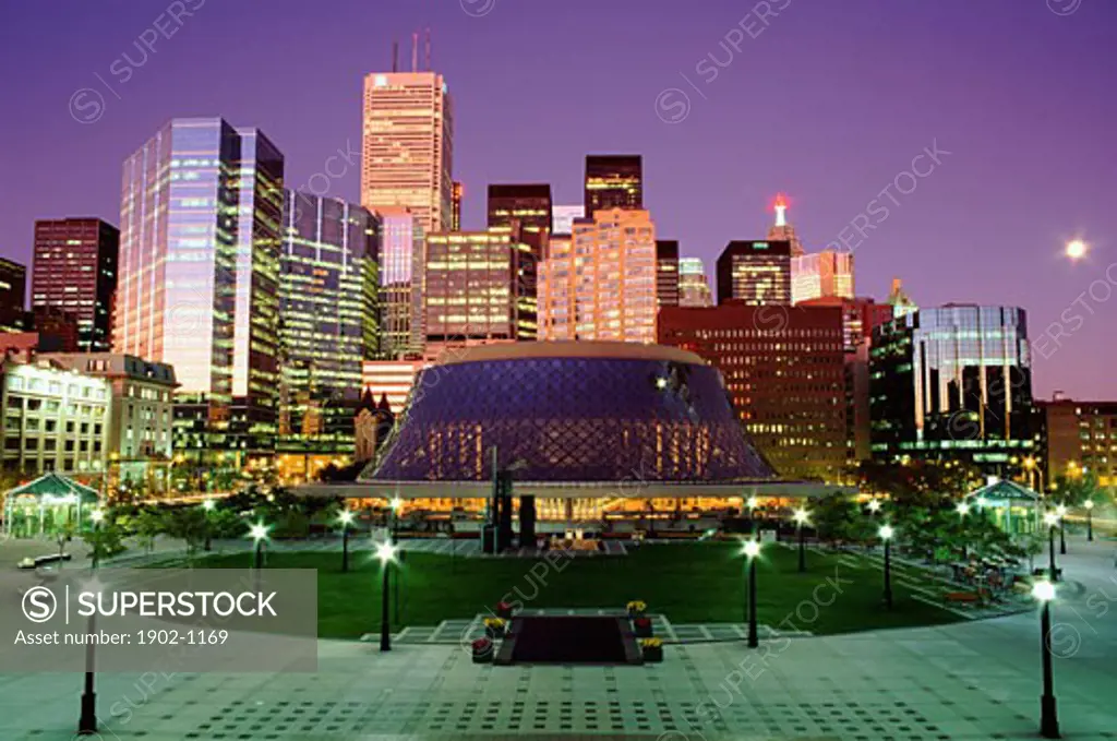 Canada Ontario Toronto Roy Thomson Hall and the financial district at dusk