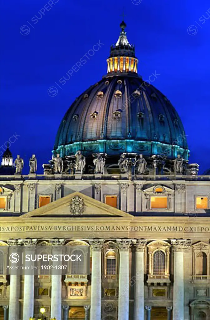 Italy Rome The Vatican Saint Peters Basilica illuminated at night