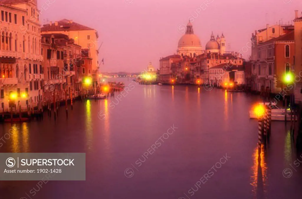 Italy Venice The Grand Canal with Santa Maria del Salute at dusk