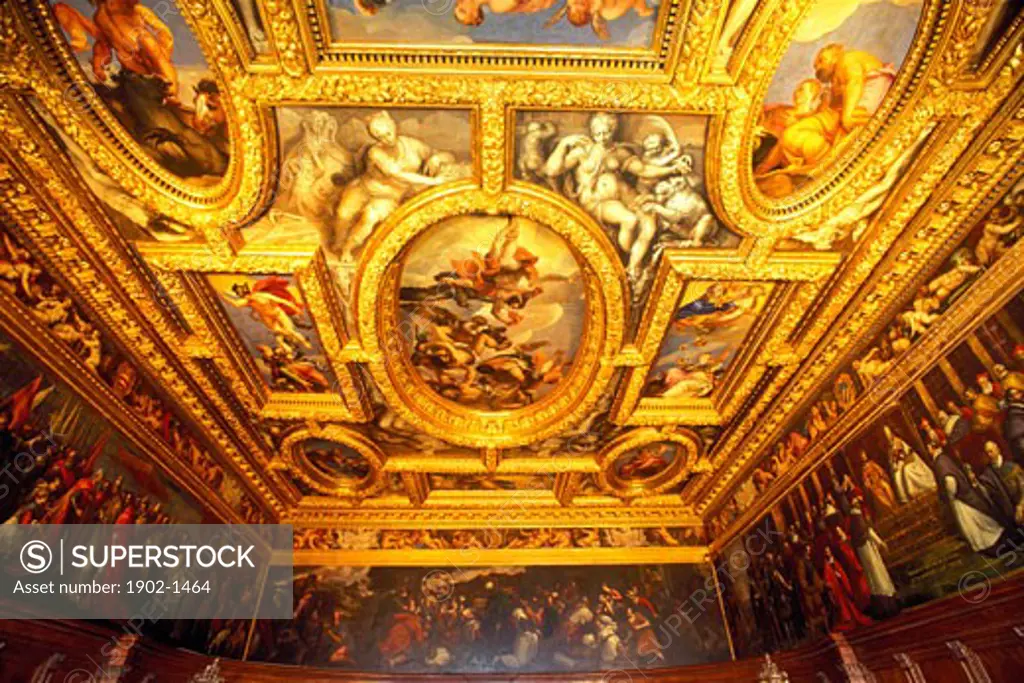 Italy Venice The Doges Palace interior view of decorated ceiling