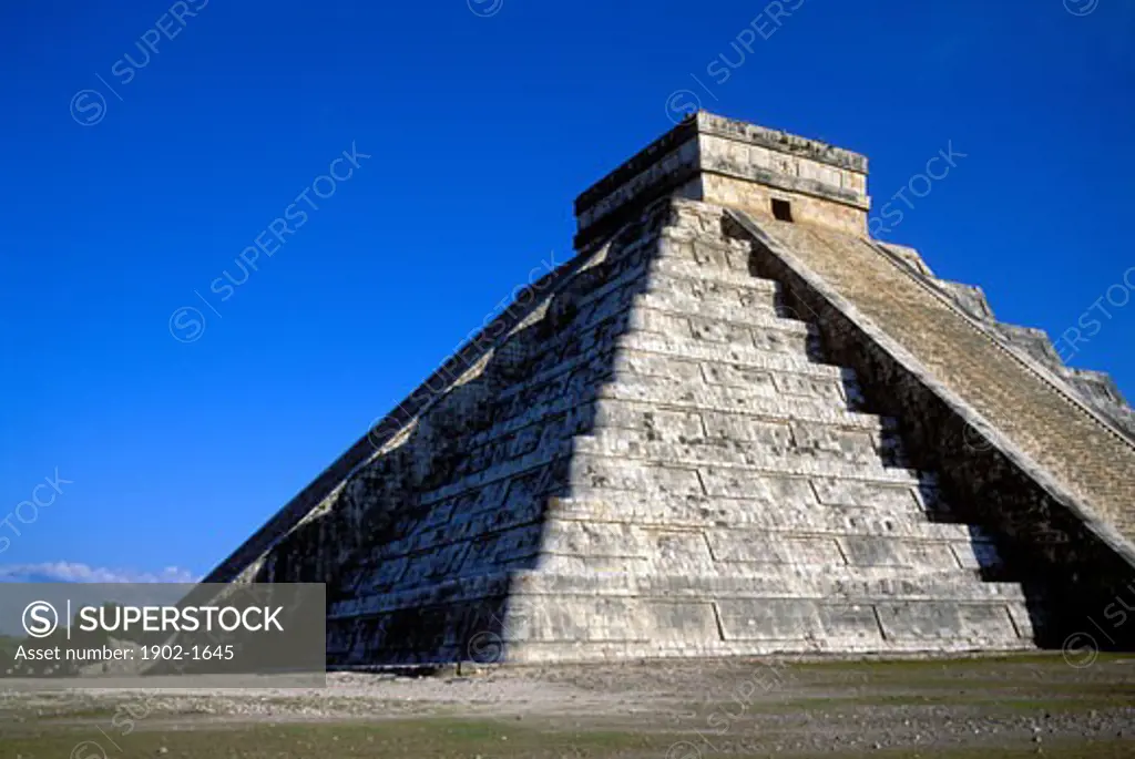 Mexico Chichen Itza El Castillo Pyramid of Kukulcan spring equinox shadow on side of steps