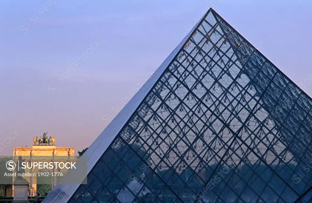 France Paris The Louvre Pyramid by I M Pei and the Arc de Triumphe de Carrousal