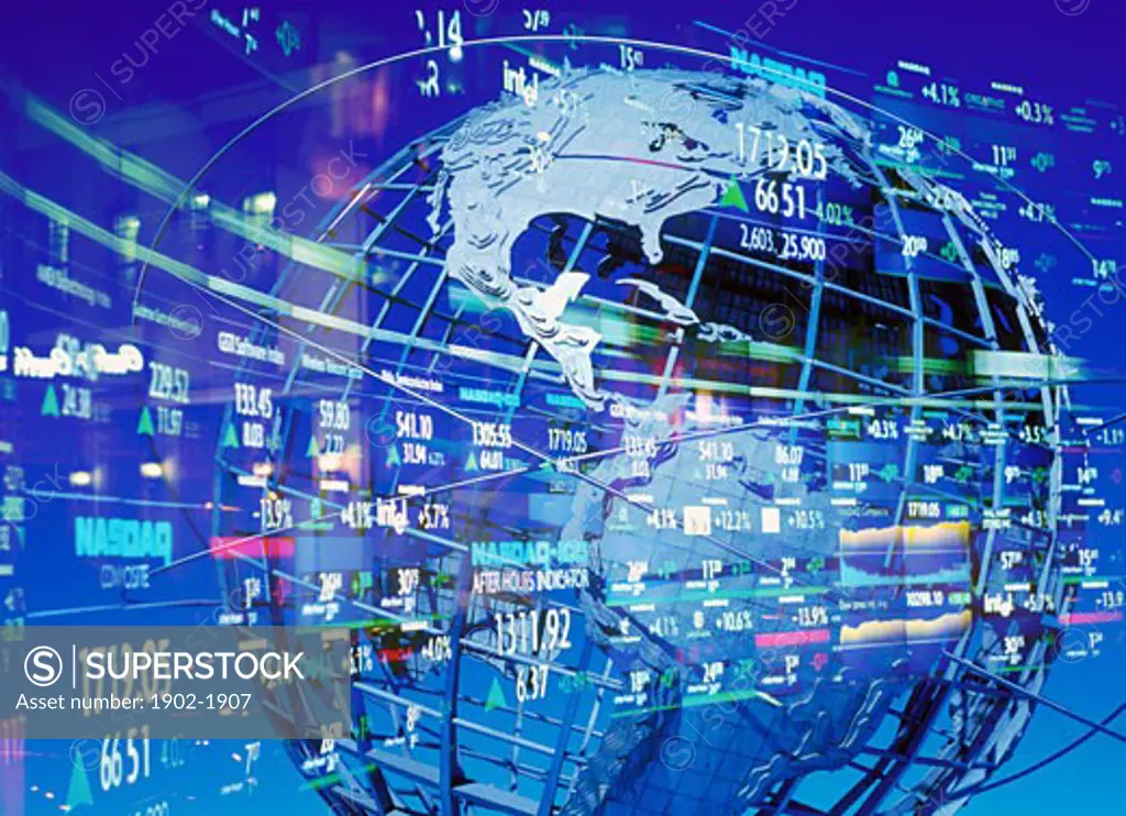 world globe with stock market symbols