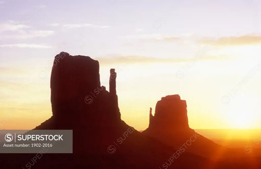 USA Arizona Monument Valley Navajo Tribal Park sunrise over Left and Right Mittens