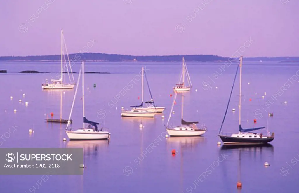 USA Maine Camden Camden Harbour Penobscot Bay sailboats moored in the bay at twilight