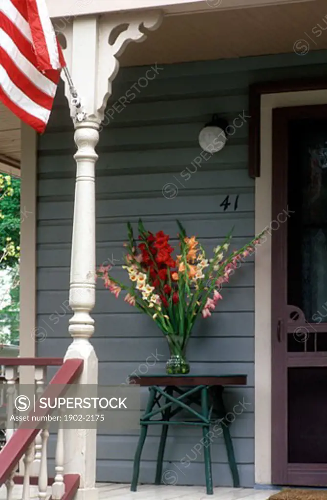 USA New York Chautauqua vase of gladiolus on porch of house