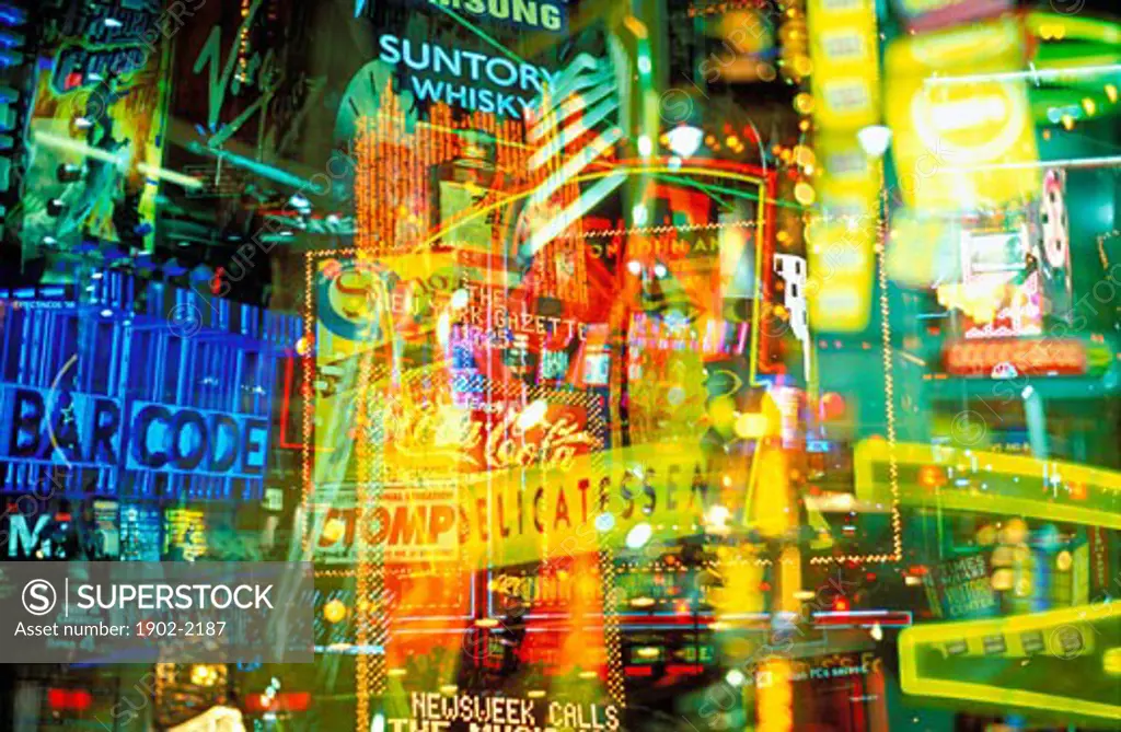 USA New York New York City Times Square multiple exposures of neon signs