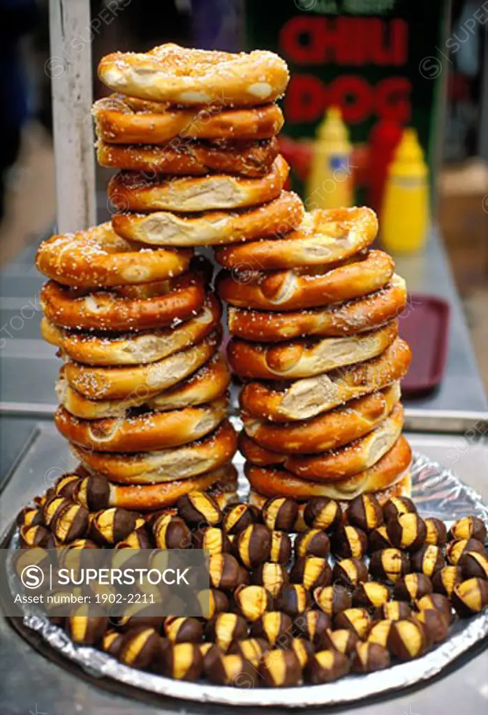 USA New York New York City pretzels and roasted chestnuts street vendor food