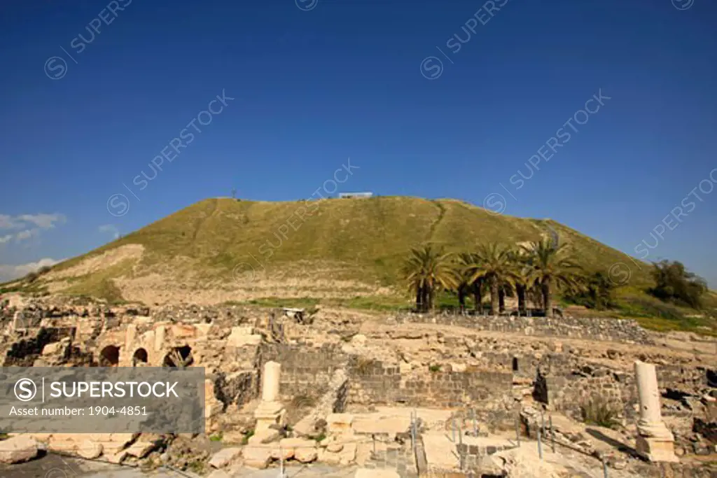 Ruins of the Roman-Byzantine city Scythopolis Tel Beth Shean is in the background