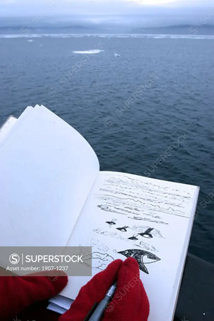 An artist designing during navigation on the Lyubov Orlova  in the Hudson straight