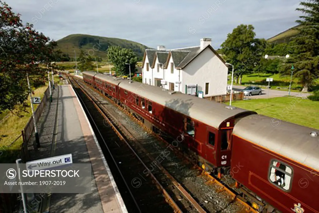 The Royal Scotsman Train entering a small village of Kyle of Lochalsh west coast Scotland