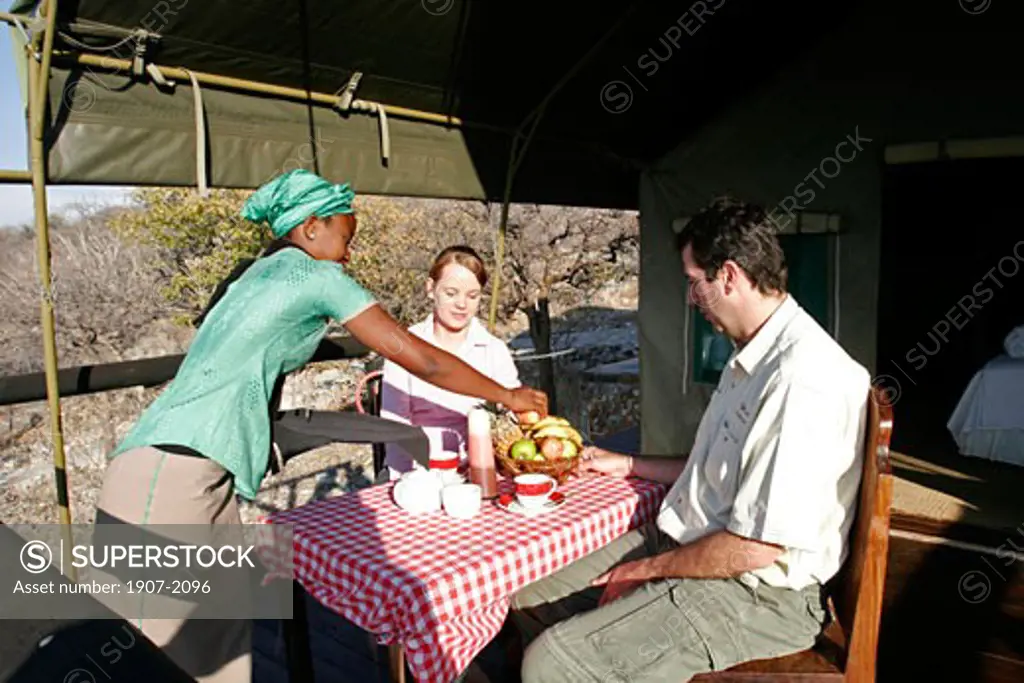 Breakfast on the terrace of a tent in Eagle Tented Camp  close to Etosha and Damaraland