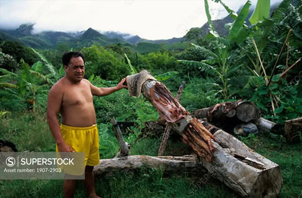 On Ua po island a fisherman is drying a sharks skin to make some leather clothes Ua Po Marquises islands