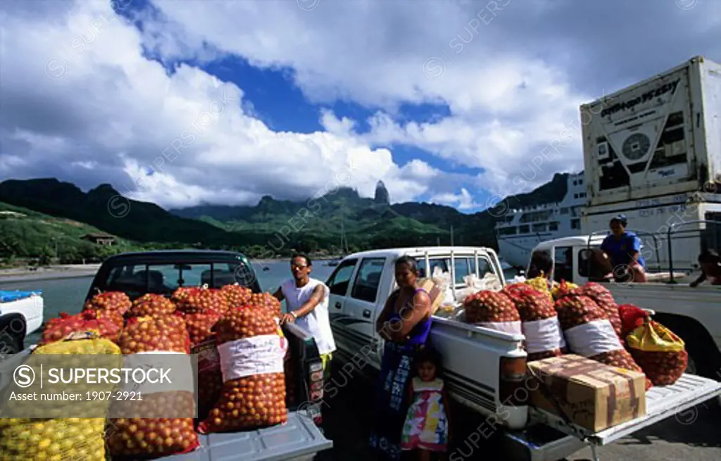 Some goods have disembarked from the Aranui in the bay of Hakatehau Ua po island Marquises islands