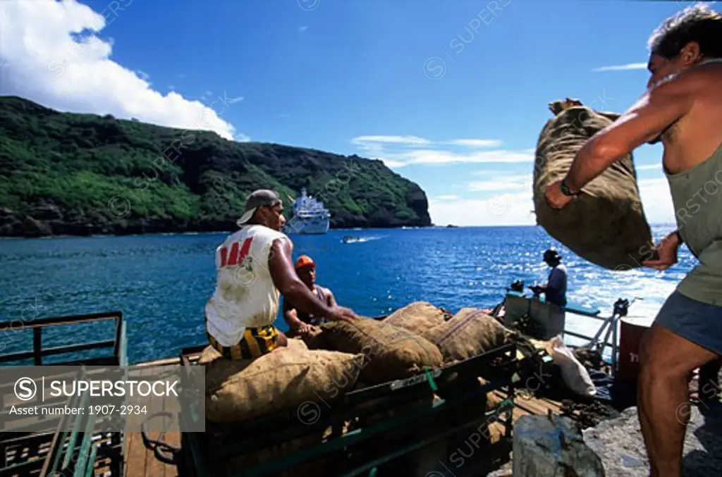 Disembarking goods from the Aranui at Puamau bay Nuku Hiva island Marquises islands