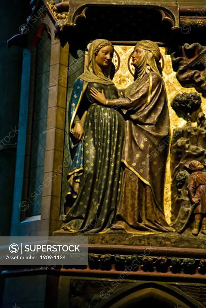 Notre Dame Cathedral interior medieval carved biblical scenes Paris France Europe EU