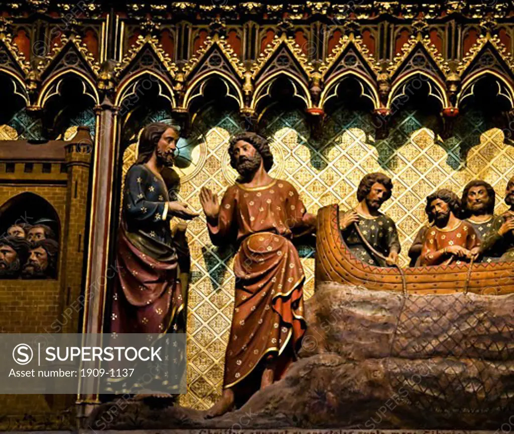 Notre Dame Cathedral interior medieval carved biblical scenes Paris France Europe EU