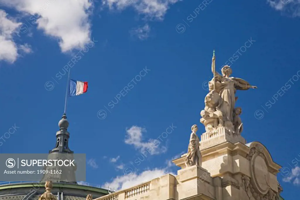 Grand Palais roof french flag and statue daytime exterior Paris France Europe EU