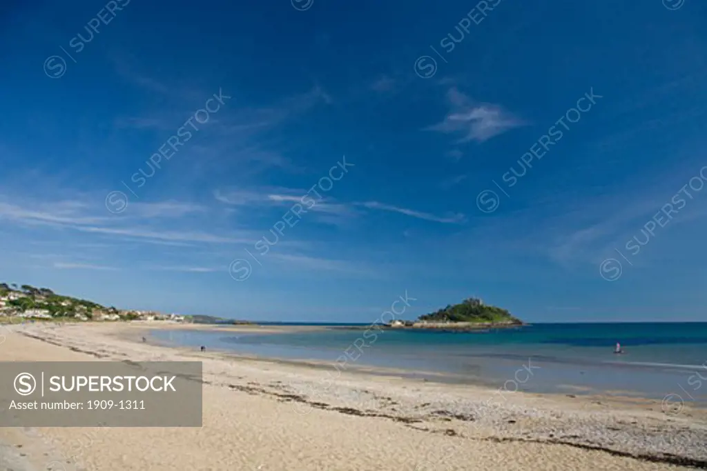 Marazion Bay and St Michaels Mount in late summer sunshine Cornwall West Country England UK United Kingdom GB Great Britain British Isles Europe EU