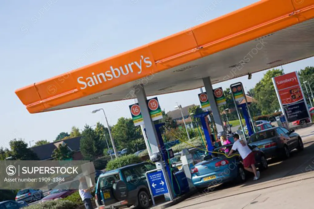 Sainsburys Petrol Station forecourt in Meole Brace Retail Park Shrewsbury Shropshire England UK United Kingdom GB Great Britain British Isles Europe EU