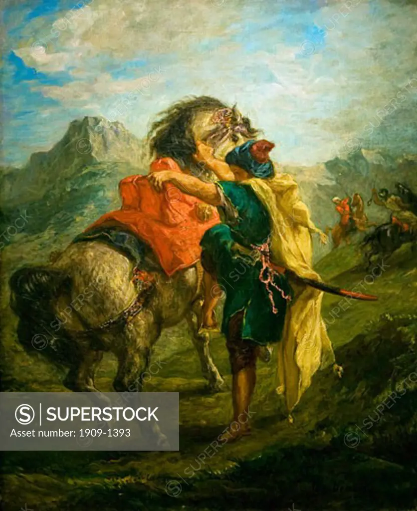 Moroccan Mounting His Horse oil painting by Eugene Delacroix 1854 Courtauld Institute Gallery interior Somerset House London England